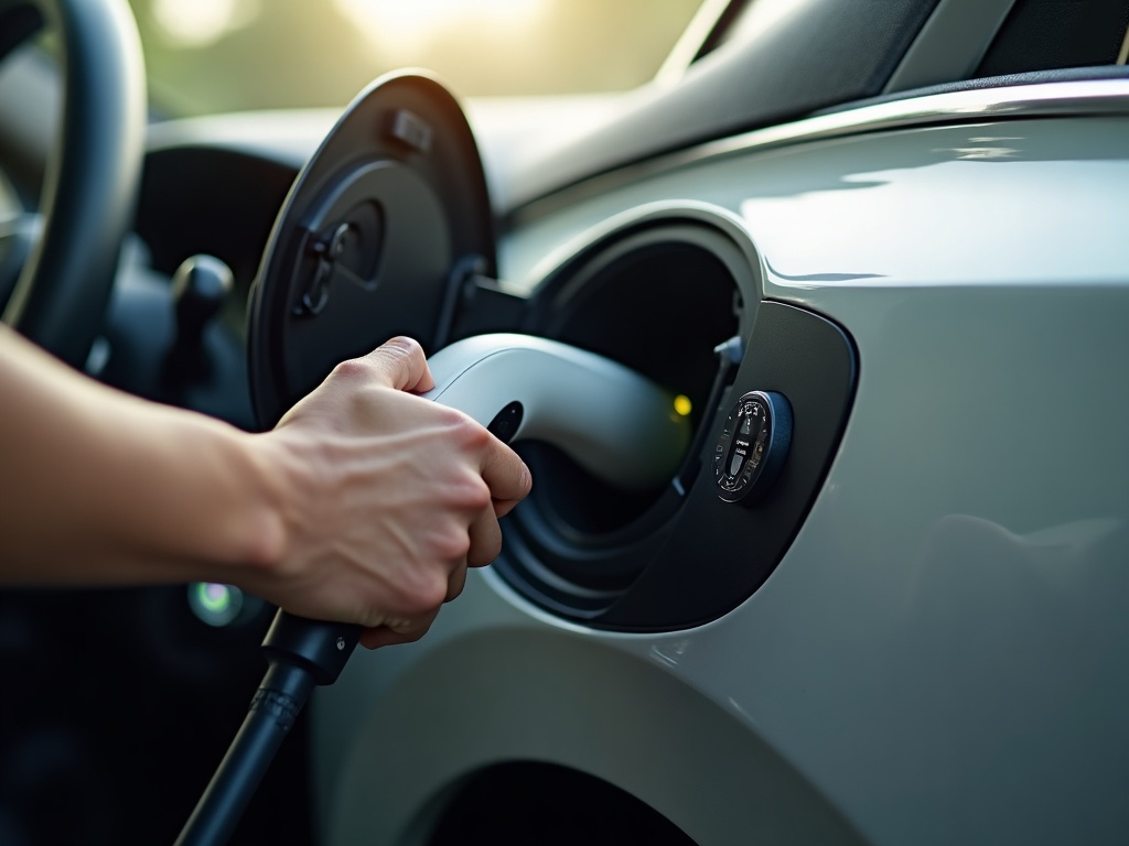 Close-up of an electric rental car charging port and cabin interior in Labuan Bajo